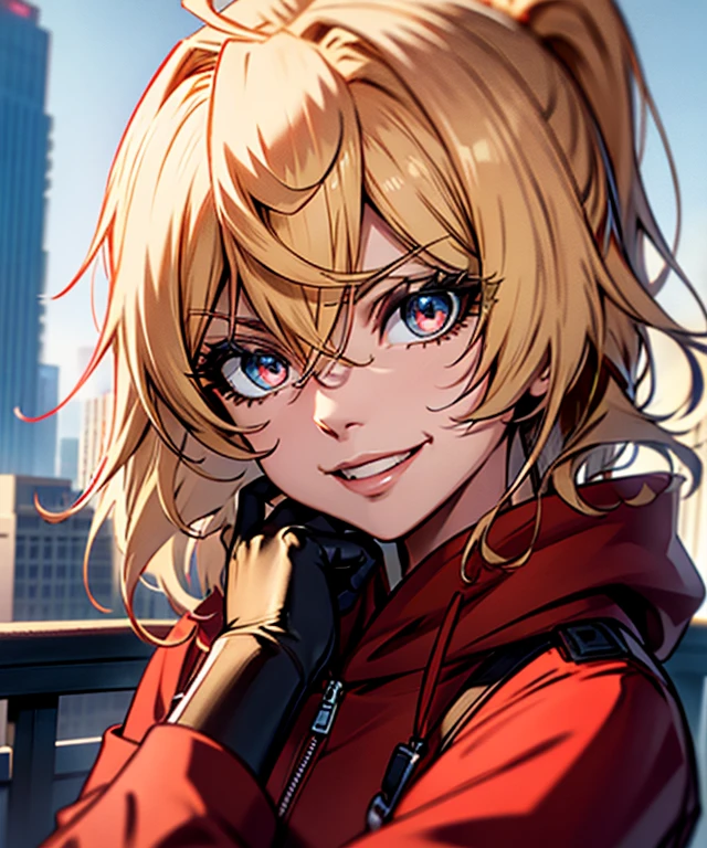 1 Girl、solo、Wearing a red hoodie、Wear leather gloves、Blonde ponytail、Ahoge、Beautiful red eyes、smile、Highly detailed face、Upper body close-up、Ultra-detailed illustrations、Golden Hour Sky、Skyscraper rooftop