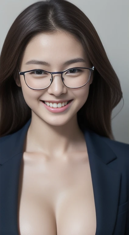 The face of a hostess、navy blue business jacket、high quality、Surreal、healthy、Smiling face、Slim and perfect figure、Japanese Beauty、Beautiful Eyes、Perfect Face、Beautiful Skin、Upper body、Portrait、The background is colorless、((Glasses))、Upper body naked、Nipples、