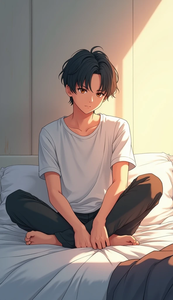 Boy seat on bed anime boy 20 to 22 years old ,