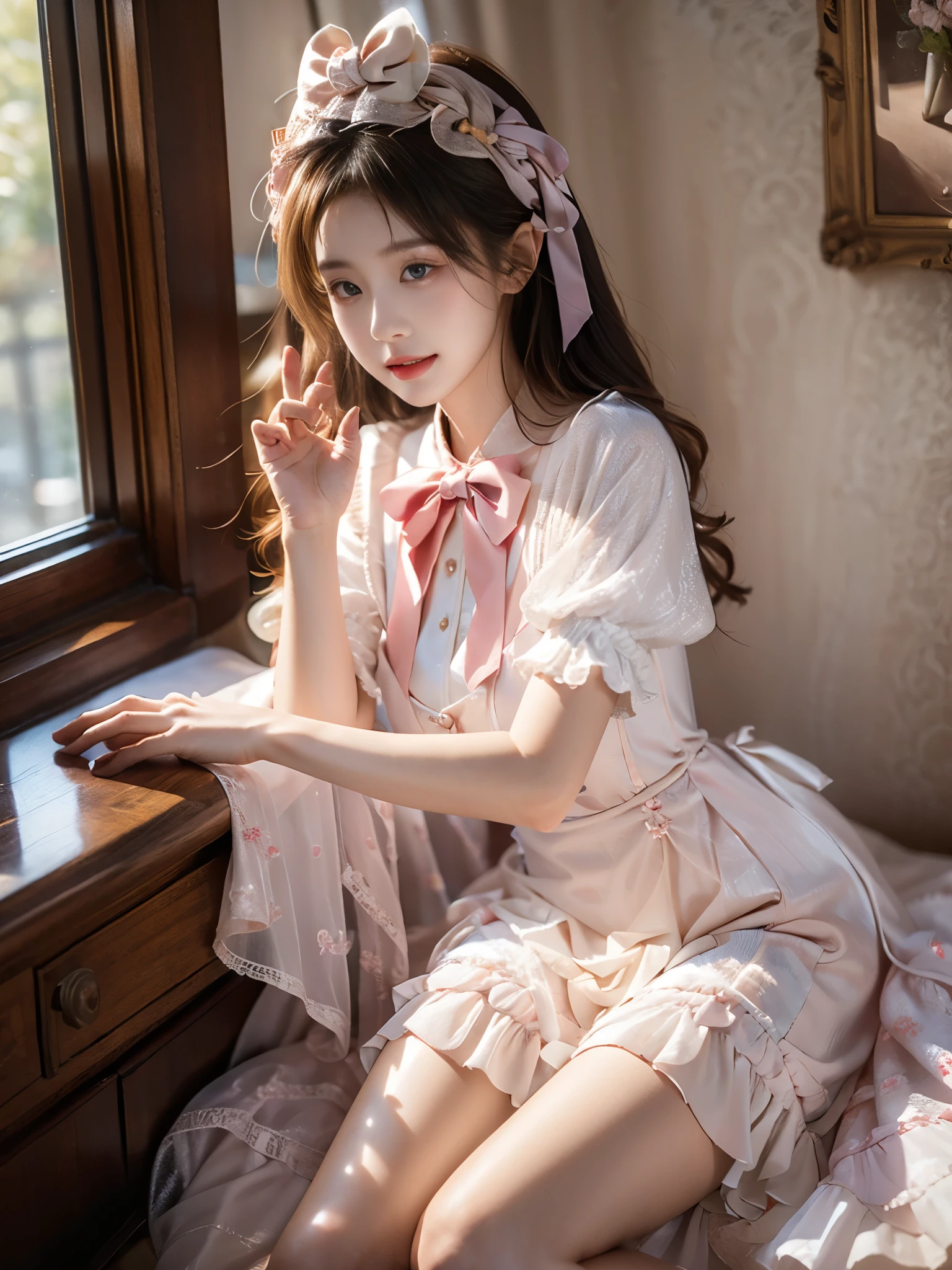 cyb dress, dress, pink dress, layered dress, frilled dress, short sleeves, ribbon, bowtie, frills, bow, dress bow, heart symbol (best quality, masterpiece:1.2), tianfeng1, Extremely detailed, (Practical:1.37), beautiful, youth, Glamorous model, Warm colors, ((Full body view，Bend your knees naturally，Skin is firm and smooth)), ((in old fashioned room，Sitting on a low bed，lean back，Support the body with your elbows)), ((Elegant and natural gesture)), (big eyes, Exquisite eyes, Delicate lips, Exquisite eyes), Available in white and floral pattern, Show a bright smile, fit, Full breasts, ((Large Breasts)), Long legs, Create a stunning photo of a sleeping girl