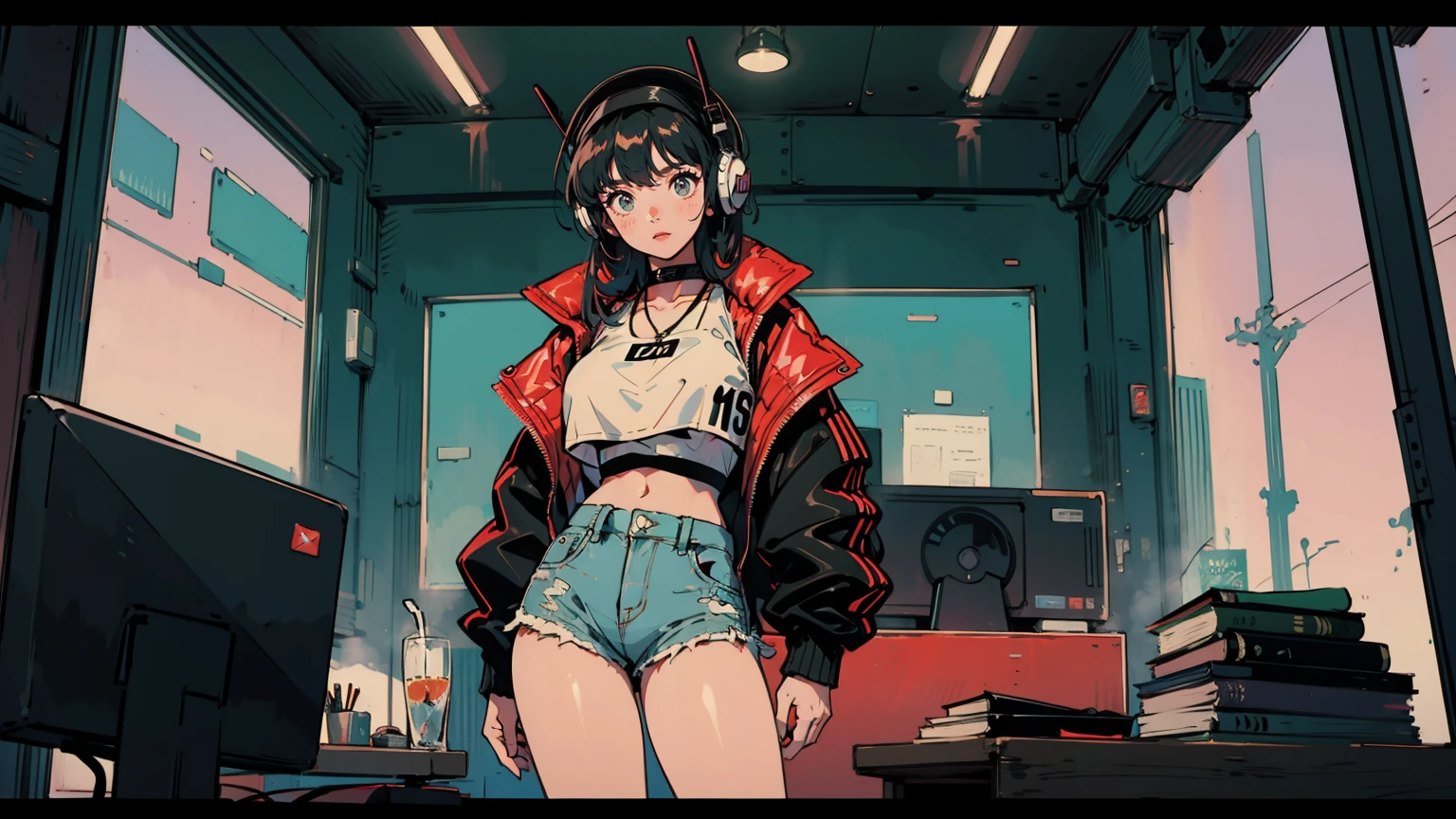 80s Summer night in Tokyo. A 18-year-old girl with long, vibrantly-colored hair stands inside, her curvaceous figure accentuated by a revealing crop top and short shorts. Oversized headphones hang around her neck. She is in her cute room. Outside, a futuristic cityscape glows. various colors in the image