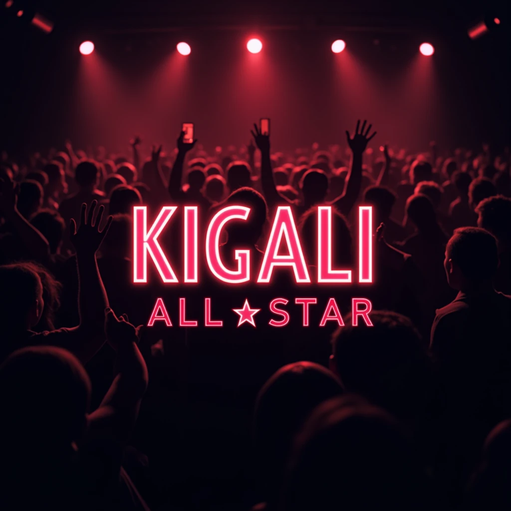 Generate the logo of the people that are in night club but put the people behind and pit the words in the middle of people use this title KIGALI ALL STAR