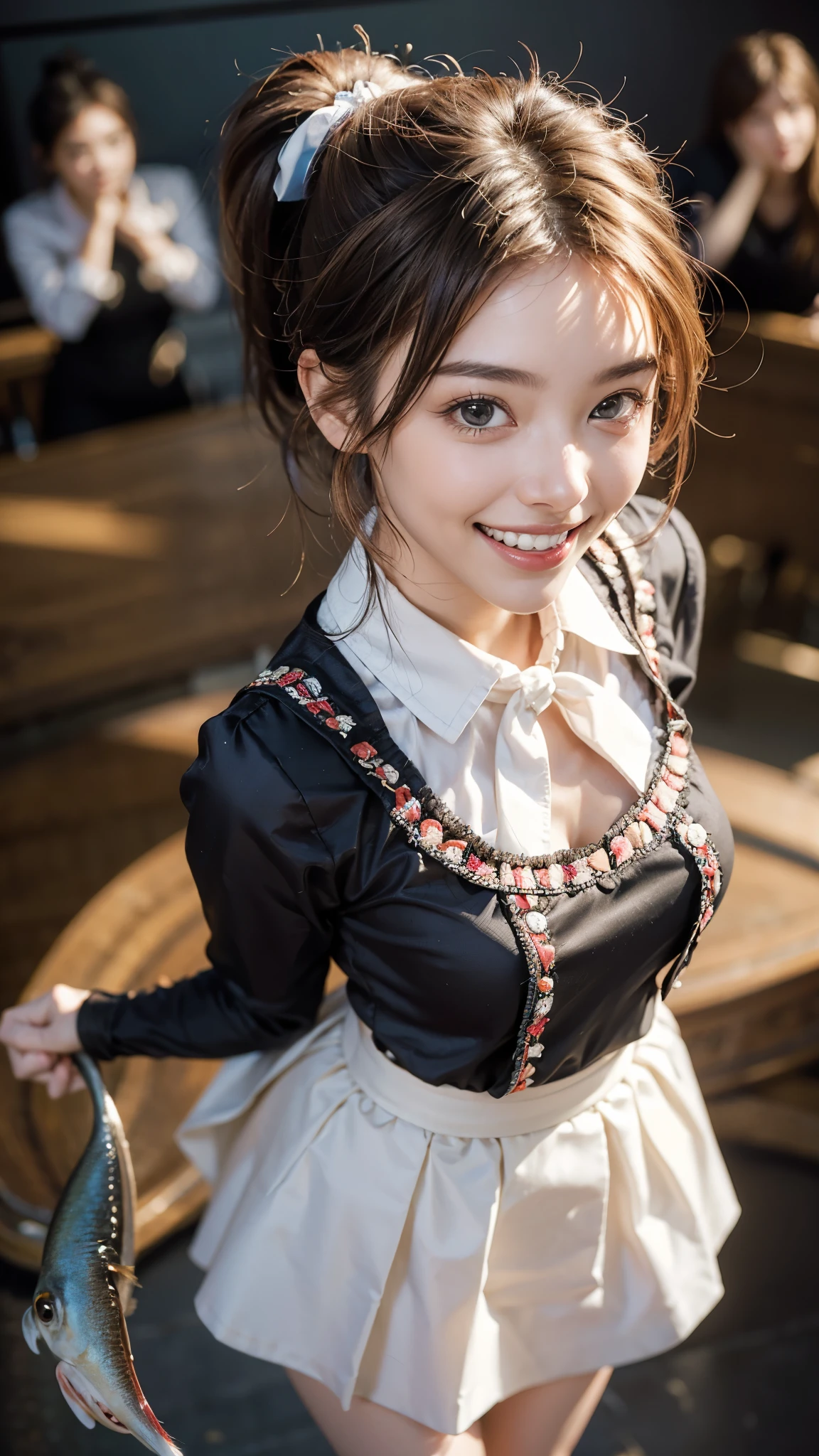 Highest quality, masterpiece, Ultra-high resolution,8k,((Toothy smile portrait:1.4)), (Realistic:1.6), ((A radiant smile)), RAW Photos,((Culotte skirt on blouse)),((Full body photo)),1 person,Slim 22 year old adult female,(Full of smiles, )) ,((Ponytail and hair tie)),((Ribbon in hair)),((Looking up at the audience)),Face Focus:1.4,((Photographed from above with a fisheye lens:1.15)),