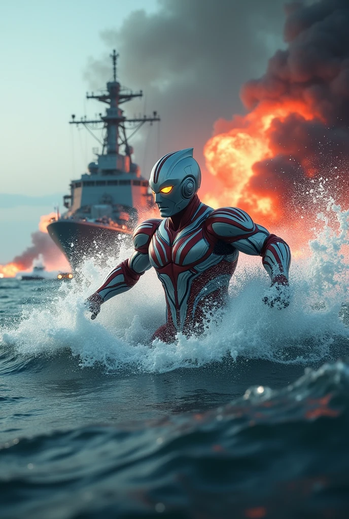 ultraman,swimming in the ocean,war scene,tilt shift photography,marine battleship blast,best quality,4k,8k,highres,masterpiece:1.2,ultra-detailed,realistic,photorealistic,photo-realistic:1.37,HDR,UHD,studio lighting,ultra-fine painting,sharp focus,physically-based rendering,extreme detail description,professional,vivid colors,bokeh,dramatic lighting,cinematic composition,epic scale,moody atmosphere,powerful waves,churning water,military vehicles,explosions,smoke plumes,heroic pose,advanced technology