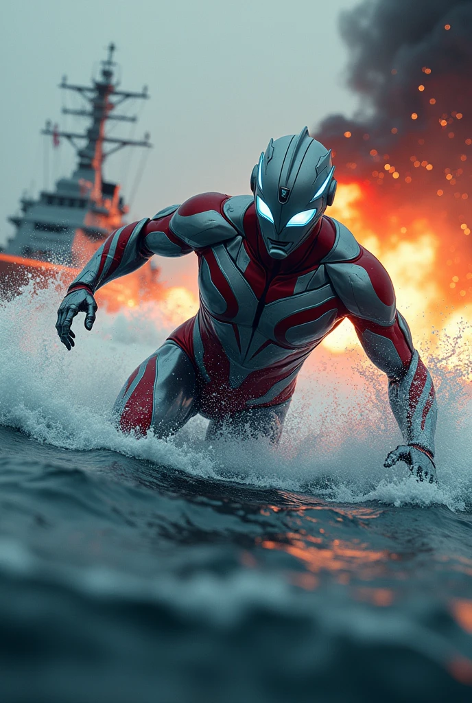 ultraman,swimming in the ocean,war scene,tilt shift photography,marine battleship blast,best quality,4k,8k,highres,masterpiece:1.2,ultra-detailed,realistic,photorealistic,photo-realistic:1.37,HDR,UHD,studio lighting,ultra-fine painting,sharp focus,physically-based rendering,extreme detail description,professional,vivid colors,bokeh,dramatic lighting,cinematic composition,epic scale,moody atmosphere,powerful waves,churning water,military vehicles,explosions,smoke plumes,heroic pose,advanced technology