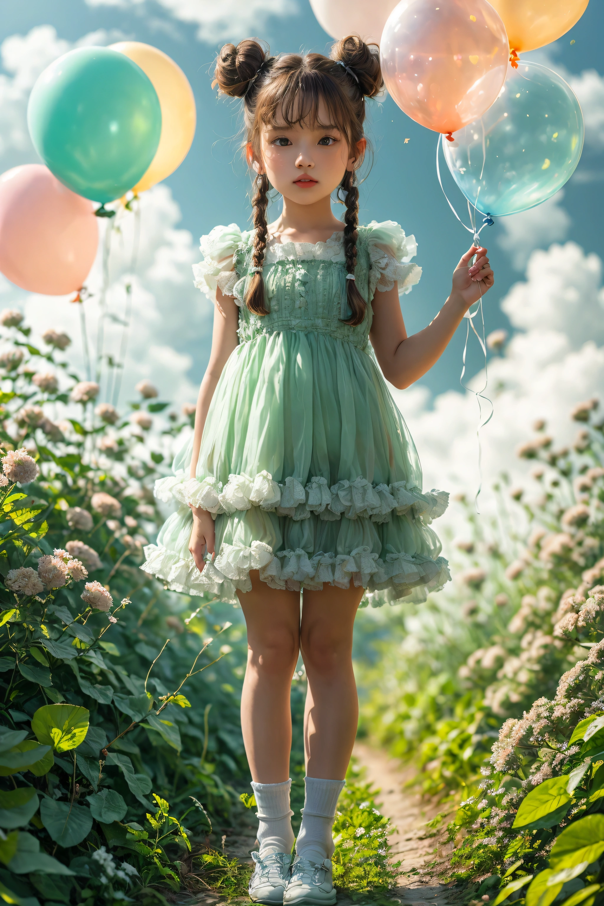 1girl, solo, dress, braid, balloon, socks, double bun, brown hair, hair bun, cloud, see-through, shoes, standing, full body, outdoors, sky, day, long hair, looking at viewer, white socks, flower, arms at sides, blurry, green dress, lips, single braid, blue sky, realistic, bangs，cinematicstunning contrasts and shadow,introspection,8k,Photography,super detailed,hyper realistic,masterpiece,Depth of field,bright color,Super lightsensation,caustic,