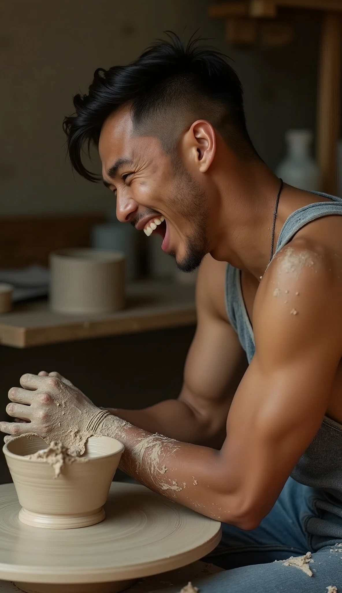 photorealistic, best quality, masterpiece, extremely detailed, side view, extremely handsome, 25 year old bruneian malay man, no facial hair, athletic build, laughing, looking directly at camera, messy clay on hands and face, warped and ruined clay bowl on pottery wheel, in personal art studio, extremely romantic atmosphere, perfect face, perfect fingers, perfect hands, perfection
