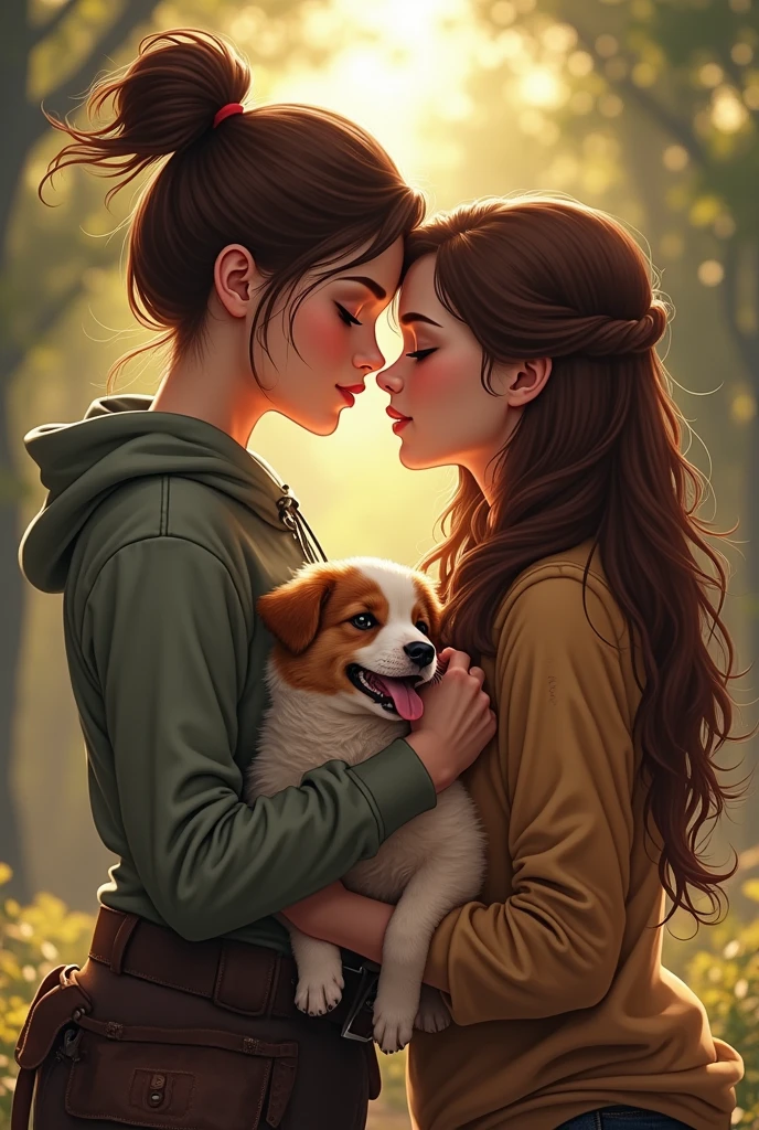 A warrior, in a romantic moment, she is brunette and has black hair tied up in a bun, along with a big brown dog that has a white stripe on its face. And your girlfriend, a princess in a sweatshirt and a tattoo on her arm, with long, curly hair, along with your small, white, and fluffy puppy 