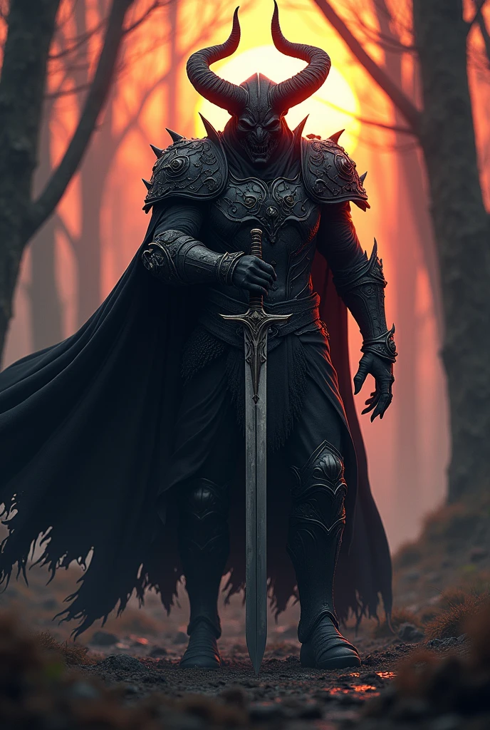 Black demon in black armor,Stab the two-handed sword into the ground,Hold the hilt of the sword with both hands(long nails),Black Cape,Otherworldly Armor,reds color line,dark Forest,sunset lights hit him,colorfull and high contrasr,Cloak fluttering in the wind,(Wear a black robe over your armor)