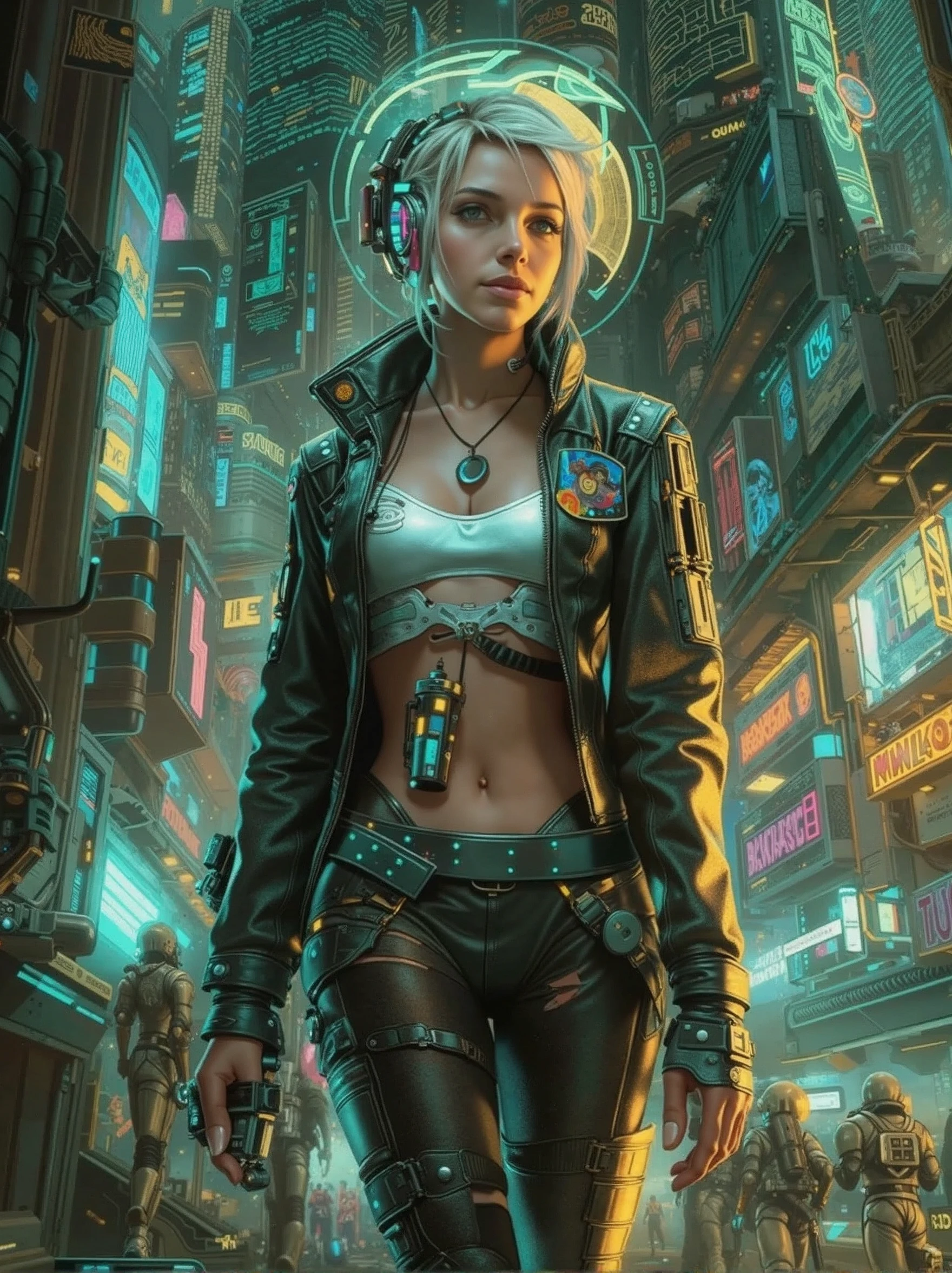 cinematic neon punk portrait of 24 yo [Roxette:Annie Lenox:0.55] as Famous Female Vocaloid Android walks in a Futuristic Bustling Business District of Martian Colony City Dome, Cyberpunk Skyscrapers Building, bustling bussy alley, expressionless smirk, intricate, frugal, highly detailed, intricate, digital painting, artstation, concept art, smooth, sharp focus, hyper photorealistic illustration, art by Don Lawrence and Frank Bellamy and alphonse mucha, 32k,