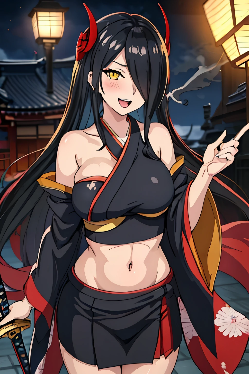  solo, {friedrich_der_grosse_azurlane:1.15}, black_hair, long_hair,  yellow_eyes, hair_over_one_eye,  large_breasts, very_long_hair, blush, lipstick,,jewelry, earrings, Hot girl, baddie, bad attitude, mean girl, crazy, smoking, sensual, attractive , masterpiece, best quality, highly detailed, a anime girl in kimono dress ,holding sword, bare
shoulder,open kimono, evil smile, open mouth, crop top , (nsfw) not safe for work, smile, ecchi anime
style, anime girls, ecchi style, ecchi, digital anime art!!, in anime style, official artwork, visual novel cg,
beautiful anime girl, anime style 4 k, kimono pencil skirt, exposed belly, exposed navel,
exposed midriff, exposed lower belly, outdoor, japanese architecture, temple