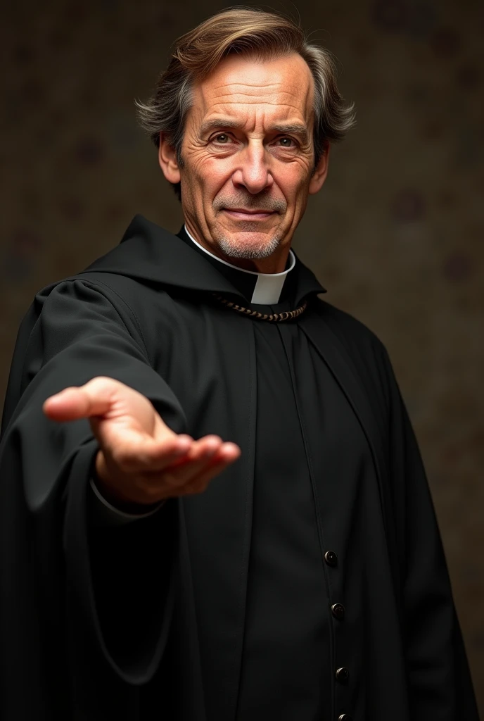 (photorealism:1.2), Don Bosco wearing black priest clothes, short brown hairs, facing towards you and reaching out his hand towards you