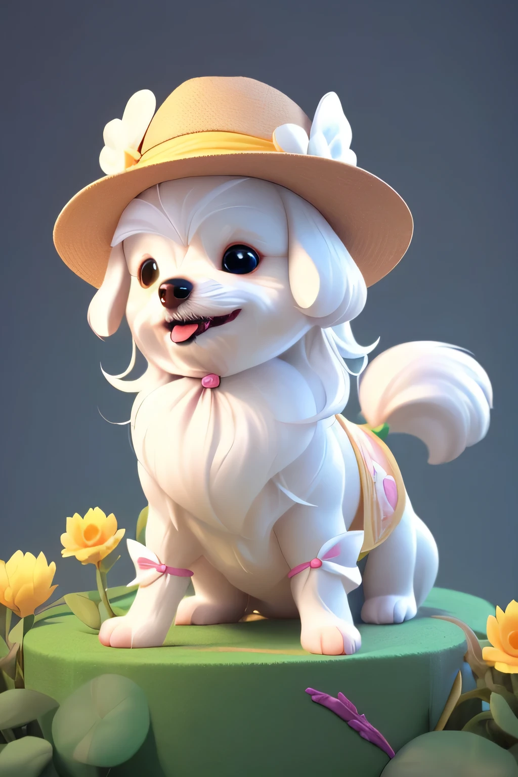 3DCHARACTER, Maltese dog with very long hair and albino coat color, playing with her Toys in a beautiful cute room, Dog with an expression of happiness when he sees his owner, Dog with open mouth, breed dog , German dwarf spitz, Lulu of Pomerania, Maltese ,Yorkshire Terrier, beautiful Maltese posing for a photo wearing cute clothes, fofo usando ful dressed fofo de princesa, luxurious hat, ties, bandanas, ful dressed, cute colors, children'dog clothing colors. low angle view, eye level shot (crotch),Just huge morbid thighs, fat, extremely thick;,work rhyme, best qualityer, (from front view), (worm view'eyeballs), worm's eye perspective, low angle. ,(whole body:1.2),simple background, work of art,best qualityer,(fundo gradiente vermelho:1.1)