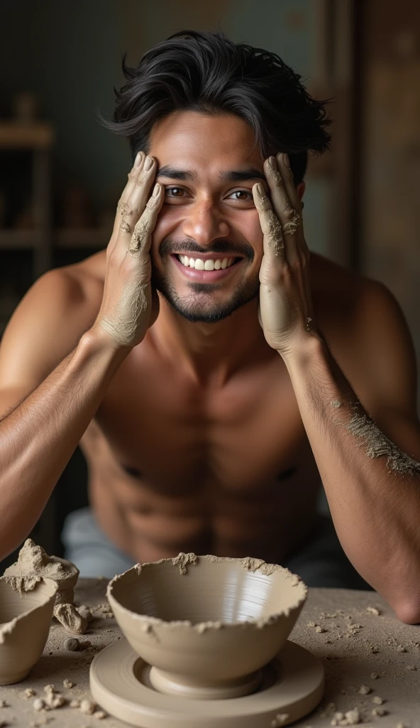 photorealistic, best quality, masterpiece, extremely detailed, extremely handsome, 25 year old bruneian malay man, no facial hair, muscular build, laughing, looking directly at camera, messy clay on hands and face, warped and ruined clay bowl on pottery wheel, in personal art studio, extremely romantic atmosphere, perfect face, perfect fingers, perfect hands, perfection