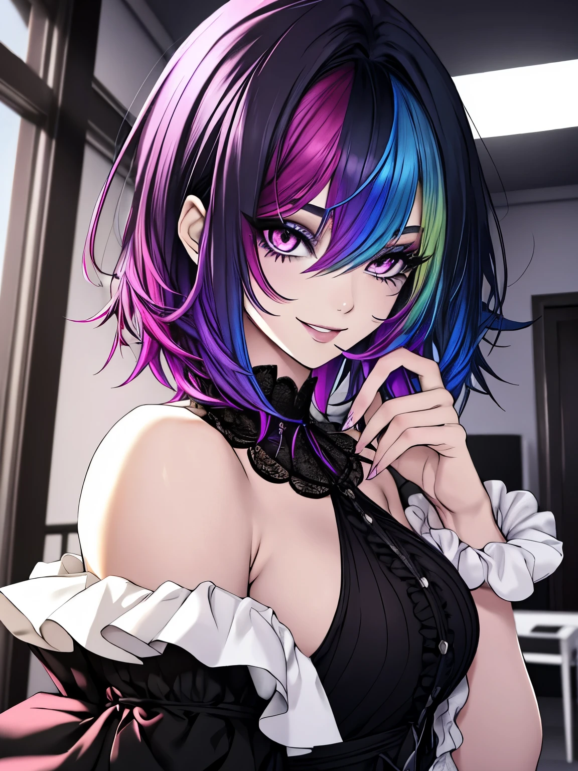 1girl, realistic, solo, goth ,short messy hair with long sides, short hair, eyeshadow, mascara, color: spectrum, vivid colors, rainbow hair , bright rainbow hair, indoors  , highly detailed, cute, smile, bedroom, ruffle trim, pale skin