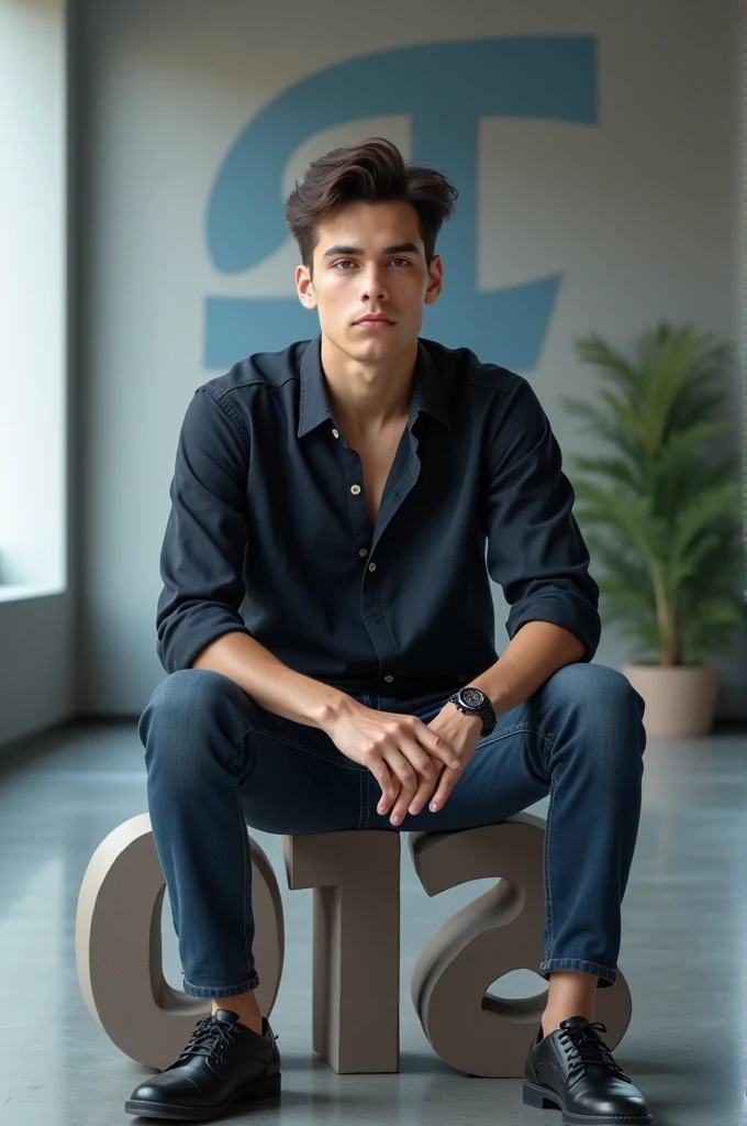 Realistic image of a handsome 19 year old man sitting on a 3D logo in the background there is a Facebook profile called "AT Vlog"