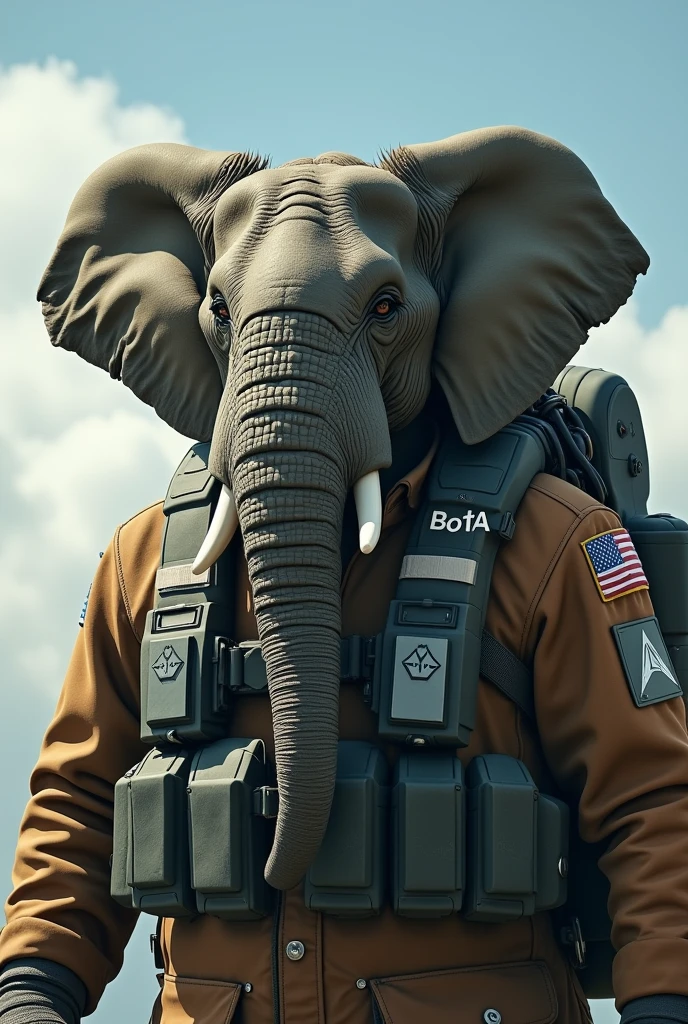I want an image of a military pilot with the face of an elephant and the name on the flying overall should be BOTA.