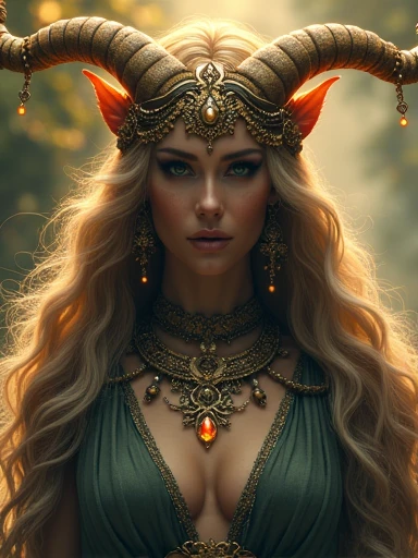 a powerful ancient pagan goddess, intricate ornate jewelry, long flowing hair, piercing eyes, detailed facial features, porcelain skin, ornate headdress, flowing robes, glowing aura, dramatic lighting, rich jewel-toned colors, cinematic composition, fantasy art, digital painting, highly detailed, photorealistic, 8k, best quality