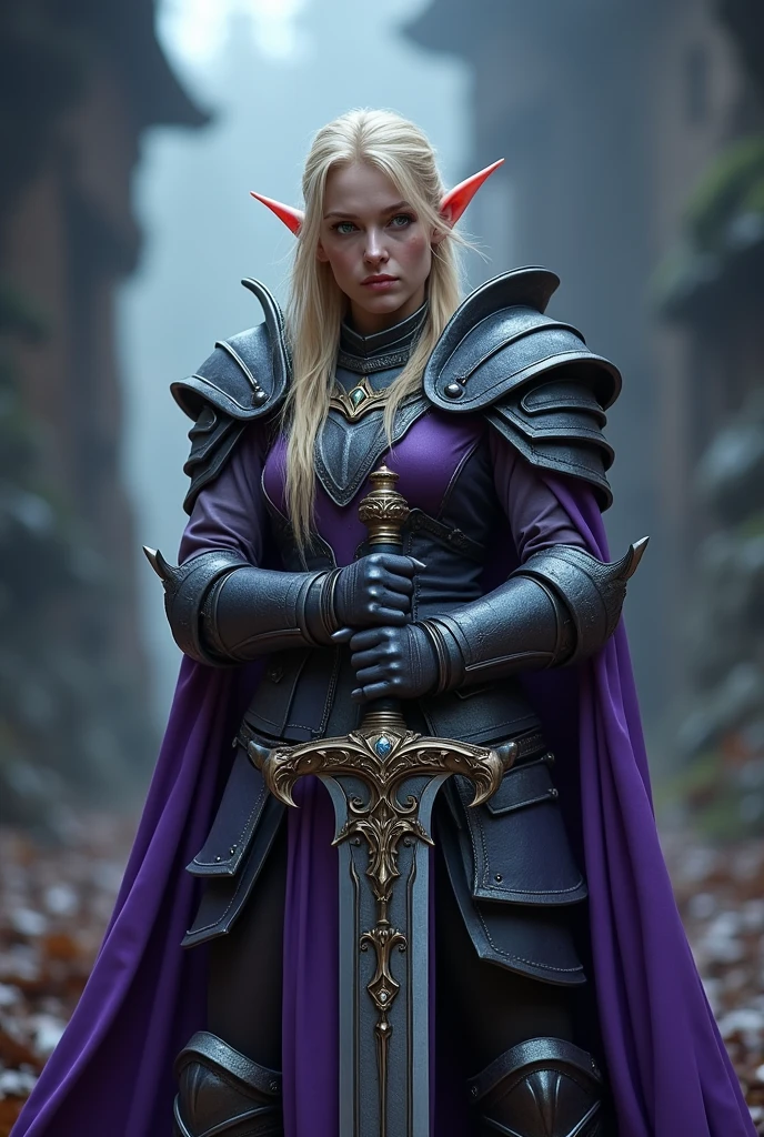 Game theme World of Warcraft Image of a 32-year-old blonde elf standing holding her favorite sword., She wore heavy armor of violet and black metal., dramatic tones. A masterpiece with the highest resolution. , Surrealist image type