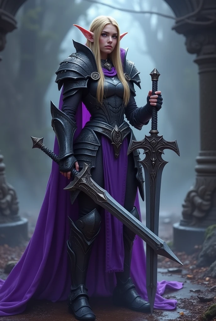 Game theme World of Warcraft Image of a 32-year-old blonde elf standing holding her favorite sword., She wore heavy armor of violet and black metal., dramatic tones. A masterpiece with the highest resolution. , Surrealist image type