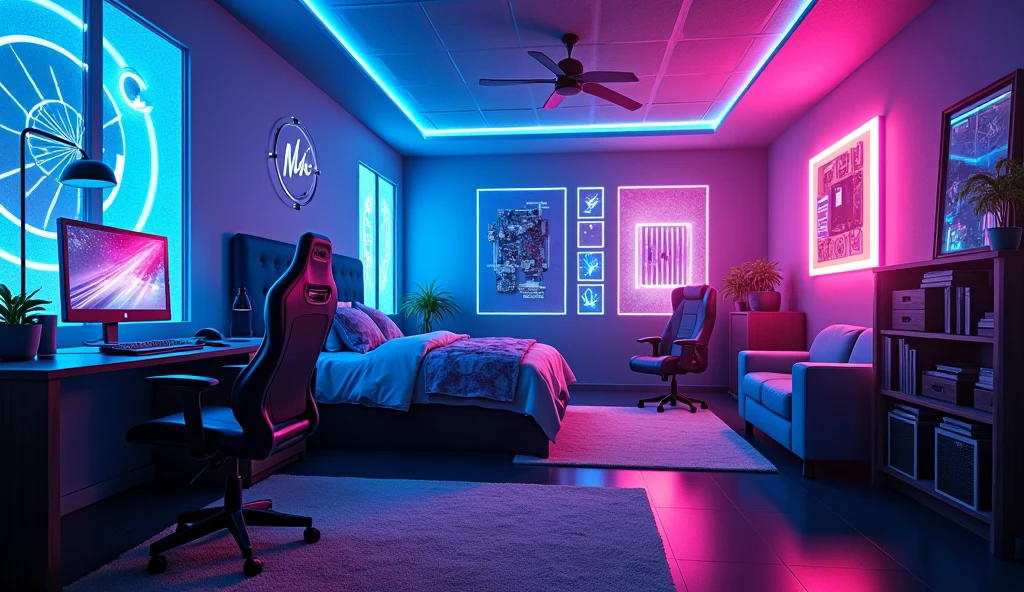 a vibrant cyberpunk gaming bedroom, a gaming chair and a PC on gaming table on the left, adorned with captivating blue-purple neon lights , bring a futuristic atmosphere to life