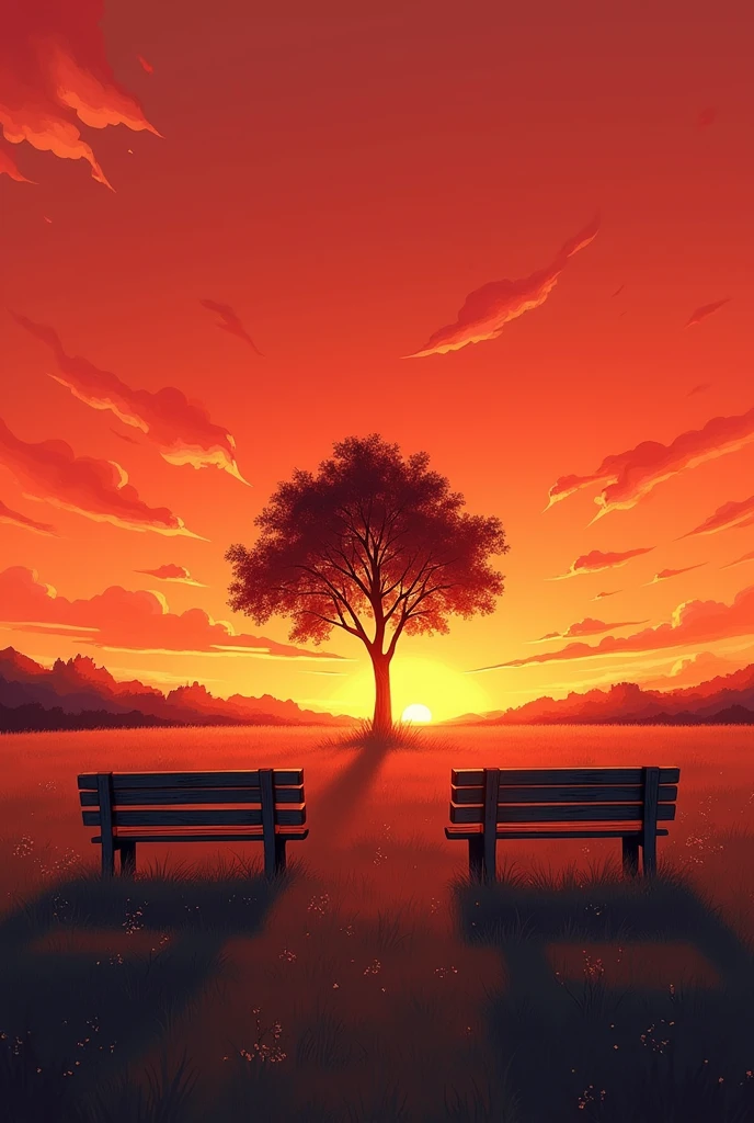 Create a drawing in the field with the red sky about to set with two school benches side by side facing a tree in the middle of them. as if it were a classroom 