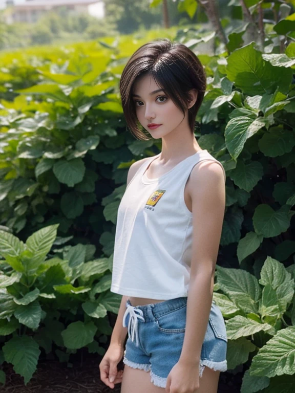 masterpiece, Best Quality, High resolution, mango, short hair, hair flower, gym uniform, bare shoulders, sleeveless shirt, White shirt, Short shorts, shorts blancos, standing, cowboy shot, outdoor