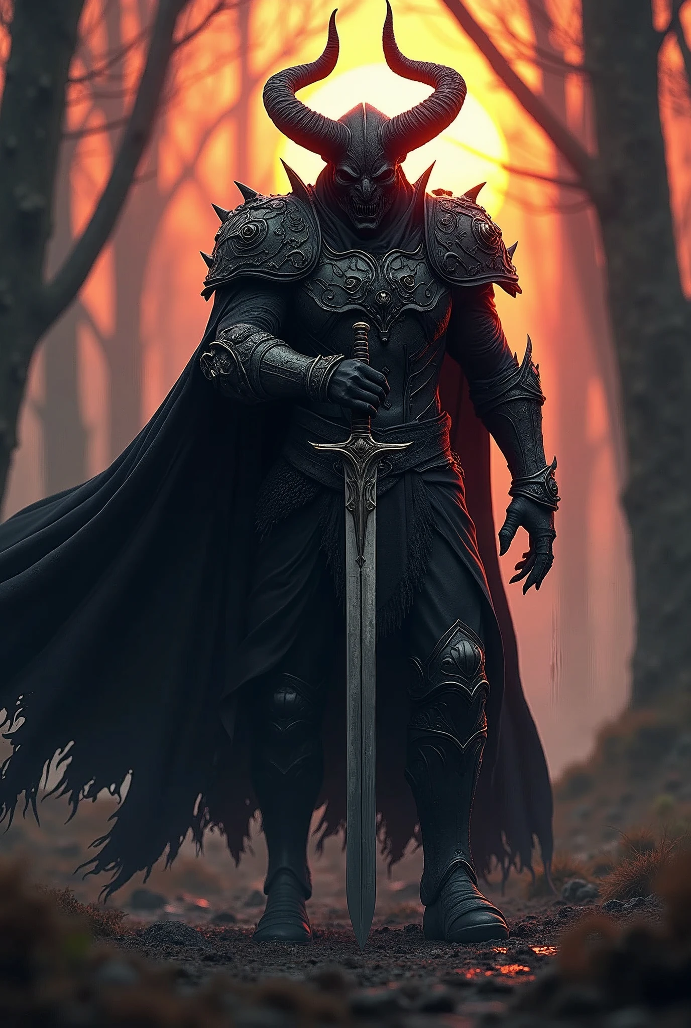 Black demon in black armor,Stab the two-handed sword into the ground,Hold the hilt of the sword with both hands(long nails),Black Cape,Otherworldly Armor,reds color line,dark Forest,sunset lights hit him,colorfull and high contrasr,Cloak fluttering in the wind,(Wear a black robe over your armor)