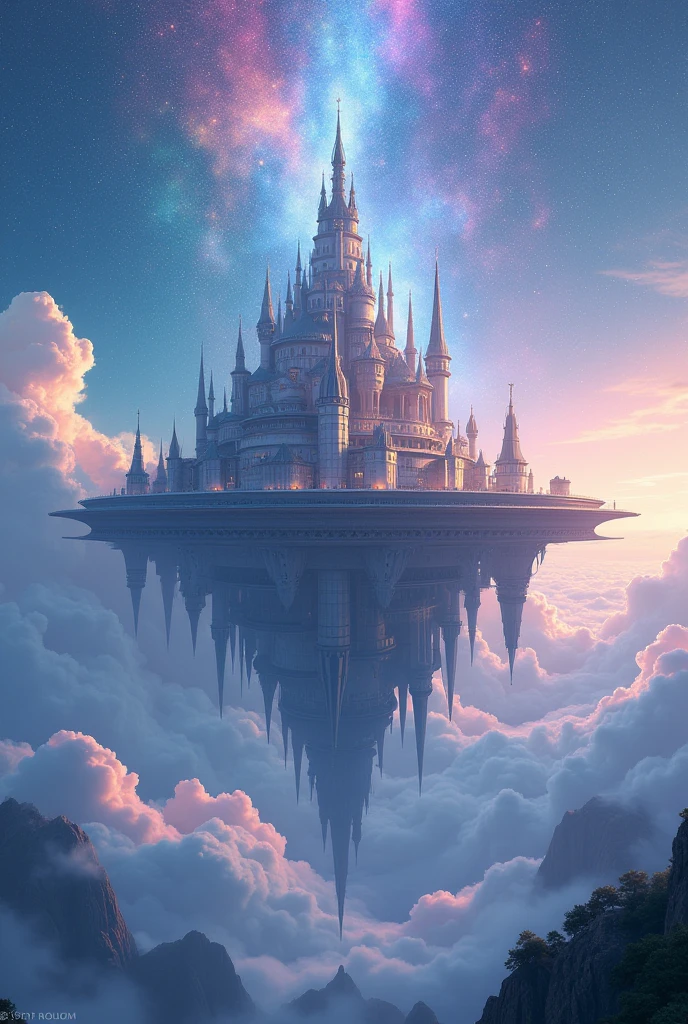 There is a castle in the sky.,There are a lot of clouds around, Feiyun Castle, A huge floating castle, Dream Castle, high Dream Castle, Flying Castle, Magic Castle, Castle floating in the air, The floating palace, Fantasy Very Detailed, Sky Castle Style, An epic castle with towering spires, futuristic castle, magic fantasy,window very detailed,sky has seven-colored light