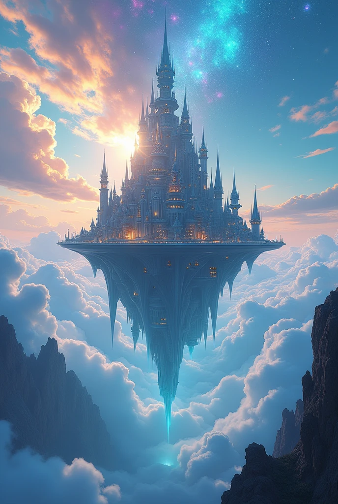 There is a castle in the sky.，There are a lot of clouds around, Feiyun Castle, A huge floating castle, Dream Castle, high Dream Castle, Flying Castle, Magic Castle, Castle floating in the air, The floating palace, Fantasy Very Detailed, Sky Castle Style, An epic castle with towering spires, futuristic castle, magic fantasy，window very detailed，sky has seven-colored light