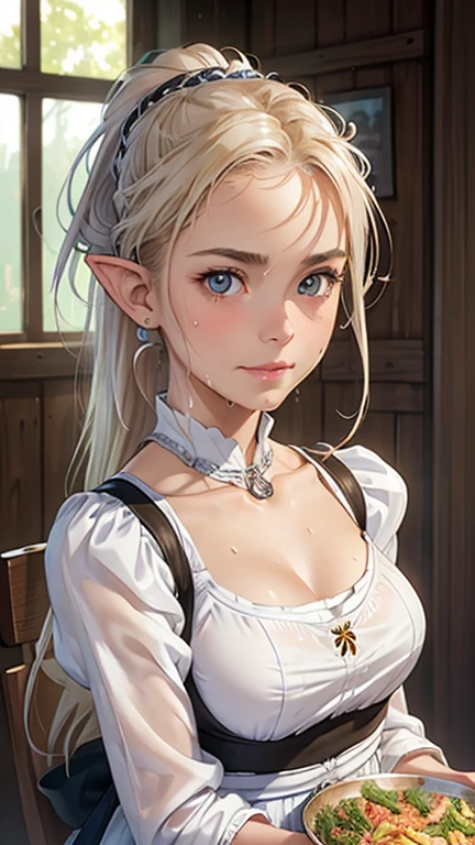 work of art, epic details, ultra detaild, high resolution, blonder woman, beautiful elf, hair tied into an elegant bun, angelic face with soft features, slim body, wearing panda kigurime pajamas, delicate and well-defined hands, expression of happiness, big friendly and simple smile, Scenario: a bright room, supper: taking a photo in front of the mirror, no mistakes, epic details no rosto, large, expressive eyes, modest and elegant behavior