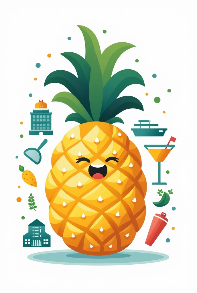 A logo that has pineapple as the center and has hotel, cooking, ship, and bartending noticeable too. For a school logo