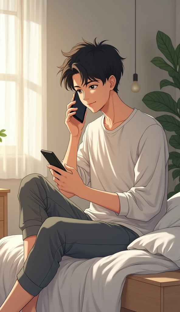 Boy seat on bed anime boy 20 to 22 years old , talking on mobile phone