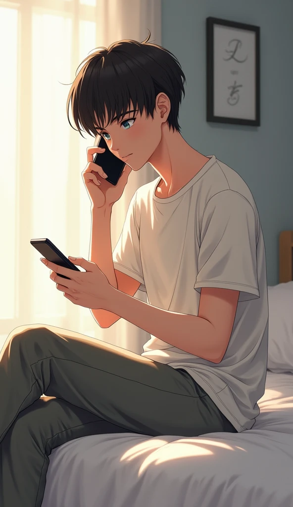 Boy seat on bed anime boy 20 to 22 years old , talking on mobile phone