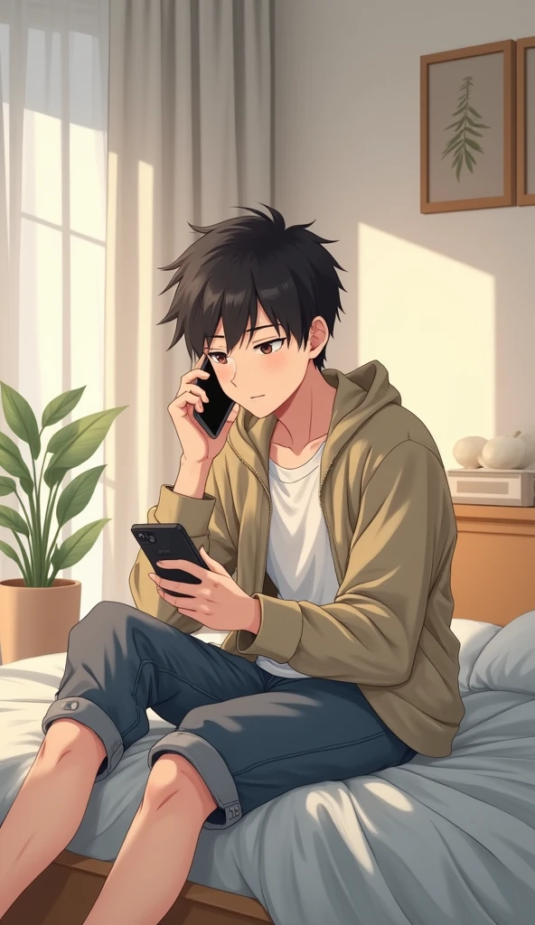 Boy seat on bed anime boy 20 to 22 years old , talking on mobile phone