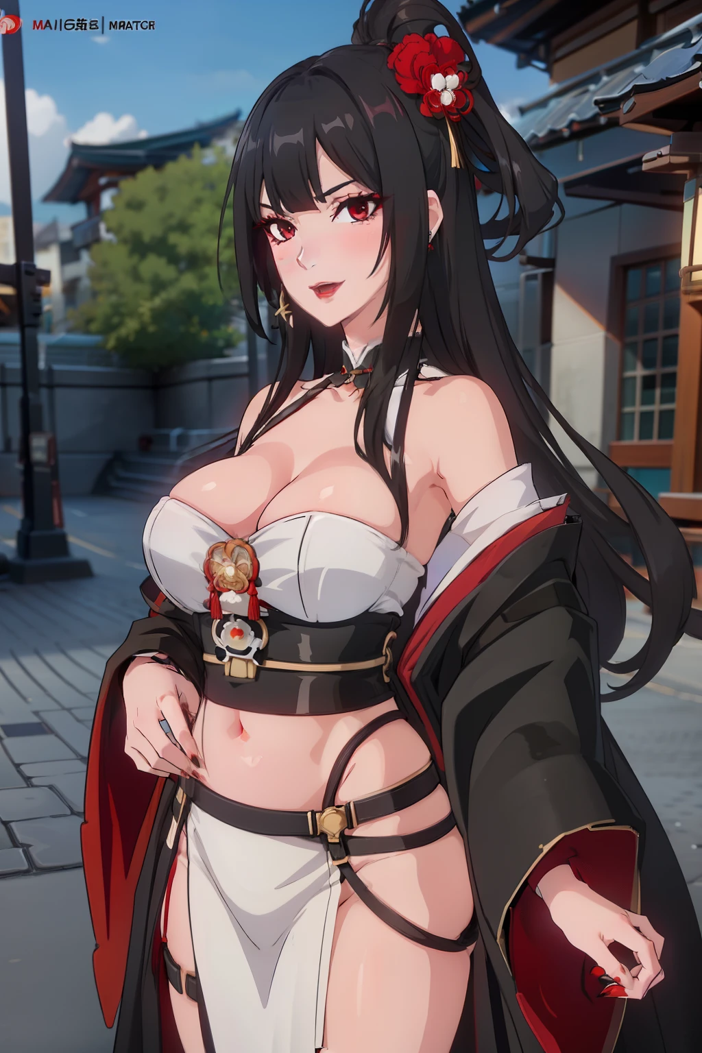 1girl,black hair,red nails, long hair, large breast, blush, lipstick,,jewelry, earrings, Hot girl, baddie, bad attitude, mean girl, crazy, smoking, sensual, attractive , masterpiece, best quality, highly detailed, a anime girl in kimono dress ,holding sword, bare
shoulder,open kimono, evil smile, open mouth, crop top , (nsfw) not safe for work, smile, ecchi anime
style, anime girls, ecchi style, ecchi, digital anime art!!, in anime style, official artwork, visual novel cg,
beautiful anime girl, anime style 4 k, kimono pencil skirt, exposed belly, exposed navel,
exposed midriff, exposed lower belly, outdoor, japanese architecture, temple