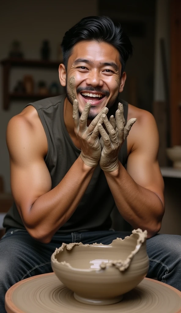 photorealistic, best quality, masterpiece, extremely detailed, extremely handsome, 25 year old bruneian malay man, no facial hair, muscular build, laughing, looking directly at camera, messy clay on hands and face, badly warped and clay bowl on pottery wheel, in personal art studio, extremely romantic atmosphere, perfect face, perfect fingers, perfect hands, perfection