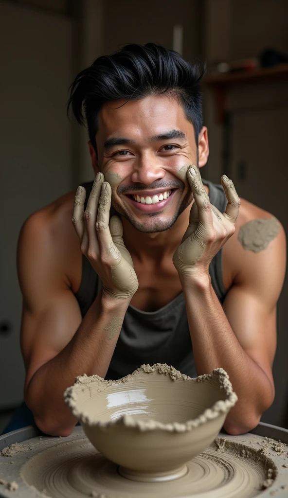 photorealistic, best quality, masterpiece, extremely detailed, extremely handsome, 25 year old bruneian malay man, no facial hair, muscular build, laughing, looking directly at camera, messy clay on hands and face, badly warped and clay bowl on pottery wheel, in personal art studio, extremely romantic atmosphere, perfect face, perfect fingers, perfect hands, perfection