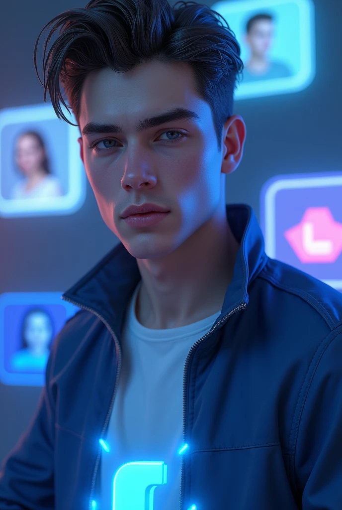 Realistic image of a handsome 19 year old man sitting on a 3D logo in the background there is a Facebook profile called "AT Vlog"