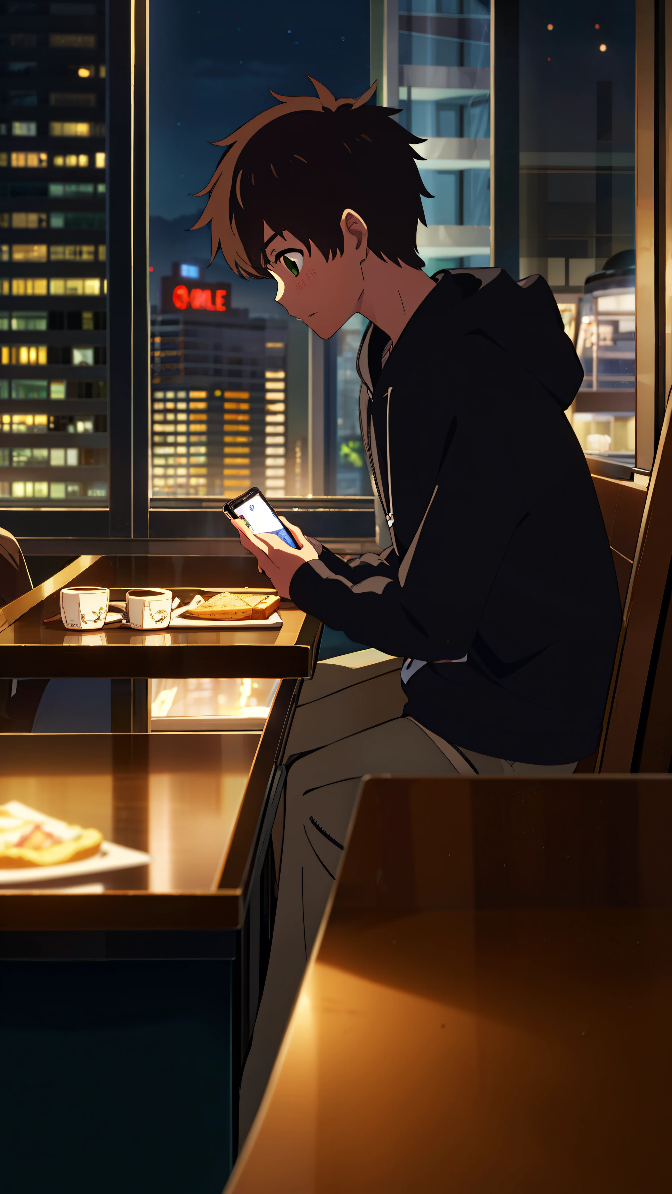 1 boy, brown hair, green eyes, hoodie, random cute face, looking at iphone, closed mouth, side shot, zoom camera, standing against wall , phone in hands, cafe, window, city lights, night room
, anime_coloring,anime_keyvisual, colorful,vivid