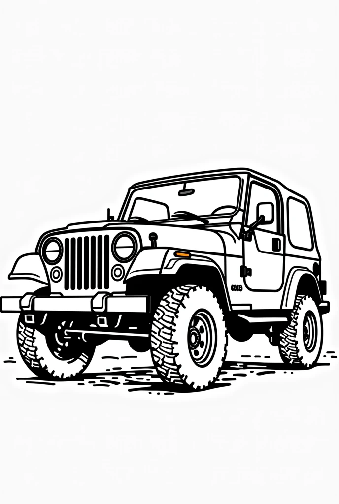 Give me a vector art coloring book photo of a Jeep Wrangler car, no grayscale no color full details but the design is simple no darkened areas side view