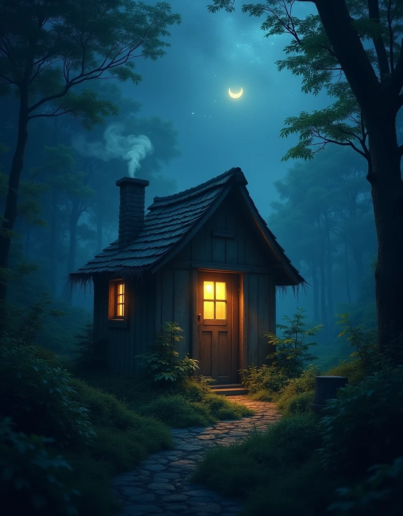 A 4K image of a solitary, rustic hut in a dense, misty forest. The hut has a small chimney with a faint plume of smoke, and a soft, warm light filters through its window, casting a gentle, inviting glow. The surroundings are lush and overgrown with dense trees and underbrush, enhancing the feeling of seclusion. The night sky is visible above through breaks in the foliage, dotted with stars and a crescent moon. The soft light from the window reflects off the misty atmosphere, creating a mysterious and enchanting ambiance.