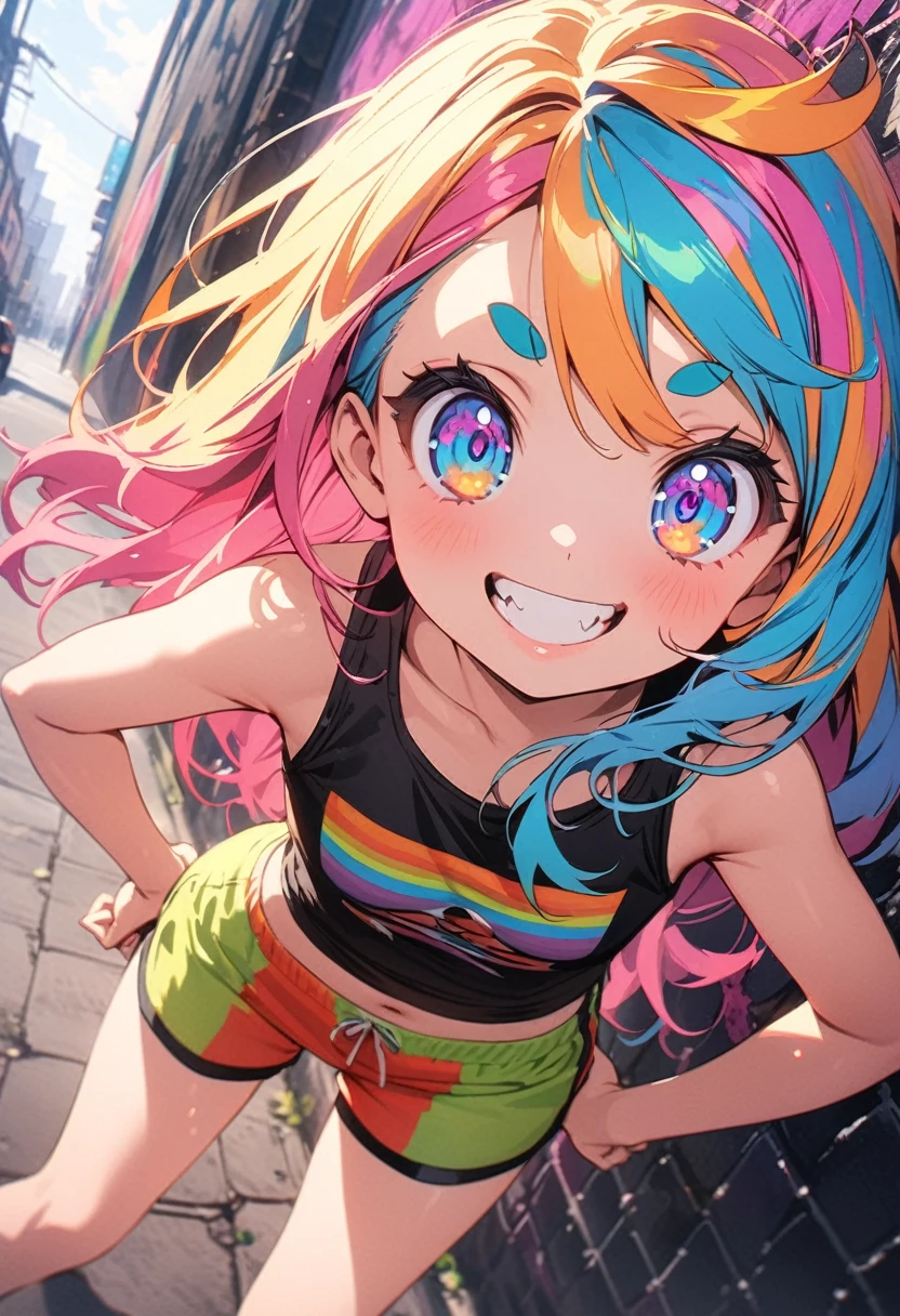 ((masterpiece)), ((Highest quality)), (anime:1.4), (Super Detail:1.2), (High resolution:1.3), (Professional photography:1.3), (Wide Shot), (Sharp focus), (Perfect light), (()), cute young Girl, Shiny, unruly hair, (Loose bangs), colorful hair, Long Hair, Big eyes, (Long eyelashes), ((thin and short eyebrows)), colorful eyes, (Mischievous Smile), Open your mouth, Jagged teeth, (Glossy Lips)), Healthy Stomach, (Healthy slim body), joy, (cute tanktop), bare hands, boxer shorts, cute, (Put your hands on your hips), (colorful:1.3), Gothic Makeup, (Against the graffiti wall),