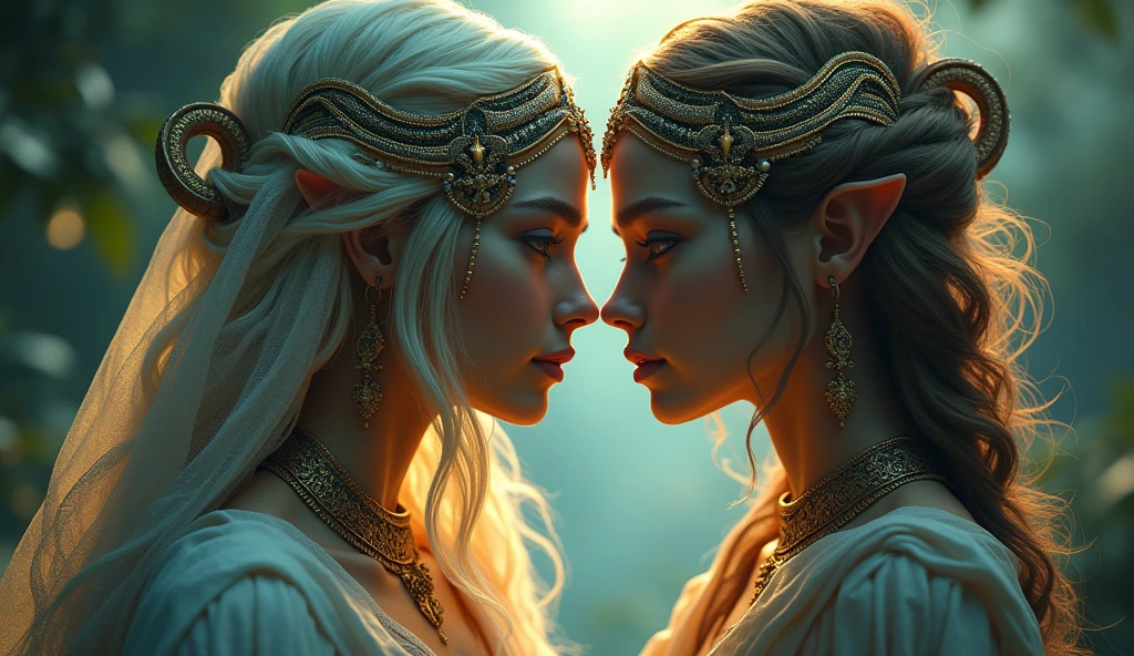 powerful ancient pagan goddesses. intricate ornate jewelry, long flowing hair, piercing eyes, detailed facial features, porcelain skin, ornate headdress, flowing robes, glowing aura, dramatic lighting, rich jewel-toned colors, cinematic composition, fantasy art, digital painting, highly detailed, photorealistic, 8k, best quality