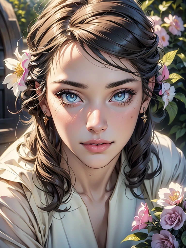 (top quality,4K,8 K,a high resolution,masterpiece:1.2),super detailed,(realistic,photorealistic,photo-realistic:1.37),detailed and beautiful eyes,thick and beautiful lips,very detailed eyes and face,long eyelashes,[USA, bright colors,soft natural light,romantic atmosphere,bright flowers, flowy dress,feminine and elegant pose,Happy and confident look, Haute Couture Style, Dreamy landscapes, Artistic portrait, quality of art printing, oil painting techniques, impressionistic style.