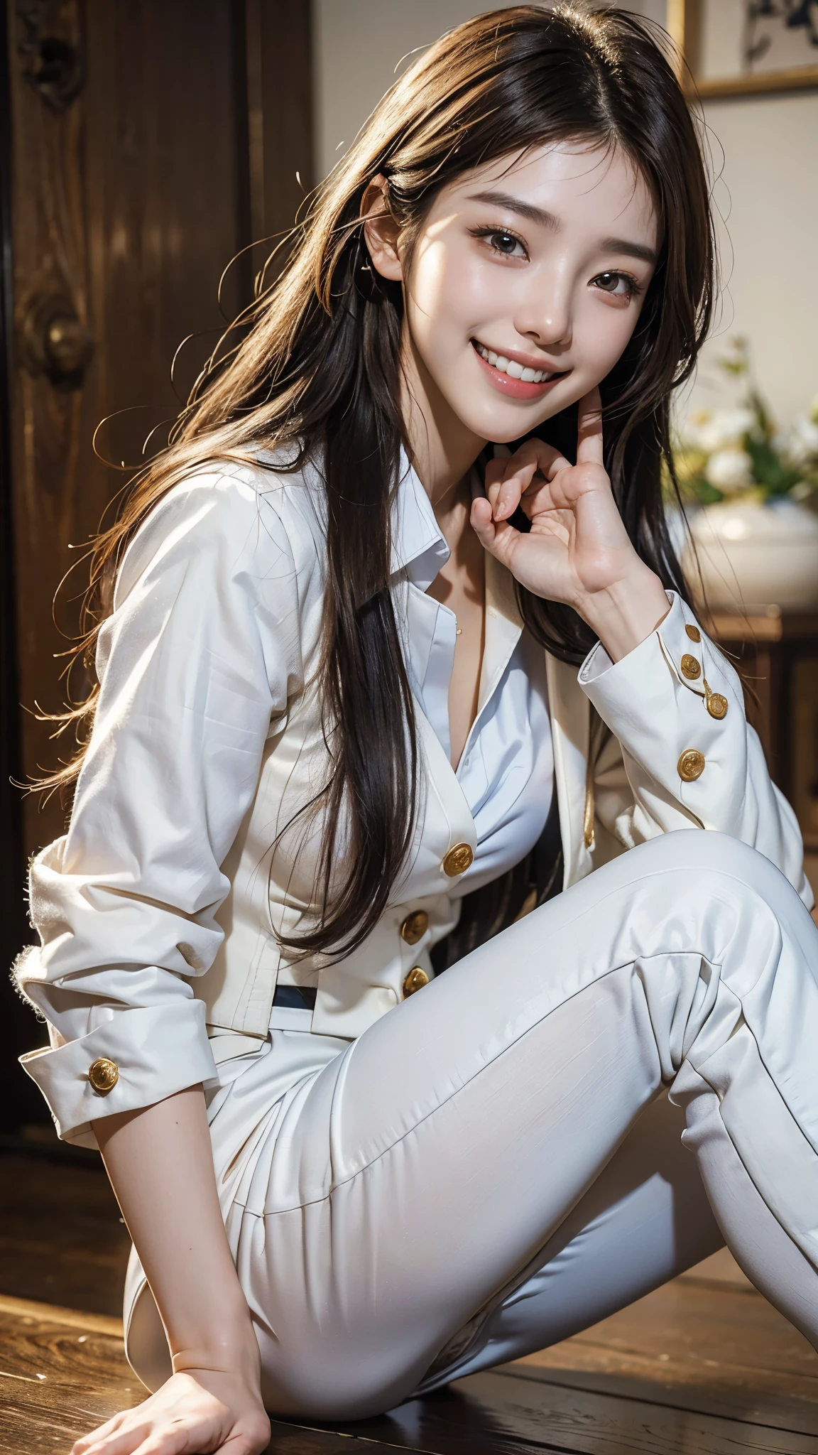 Highest quality, masterpiece, Ultra-high resolution,8k,((Toothy smile portrait:1.4)), (Realistic:1.6), ((A radiant smile)), RAW Photos,((Korean drama appearances)),((Full body photo)),1 person,Slim 22 year old adult female,((White business suit)),((Pants look)),((Full of smiles, )) ,((Long Hair)),oil((acting for the camera:1.6)),Face Focus:1.4,((Korean drama appearancesの撮影:1.15)),