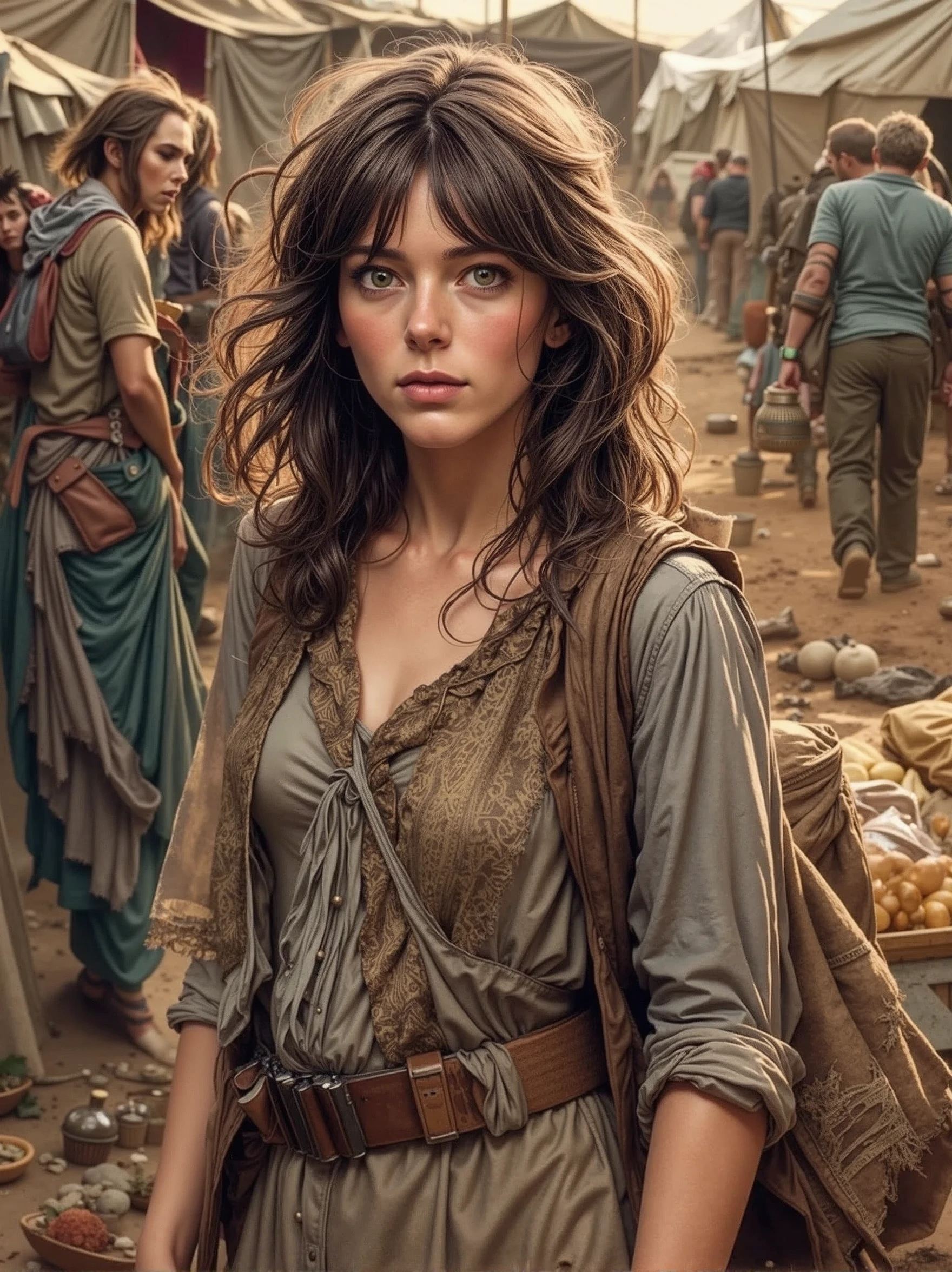 cinematic portrait of [Elisabeth Sladen:Kaya Scodelario:0.5] donning a Post Apocalypse fashion dress walks at War Refugee camp walk with handful of rationed groceries, wears casual modest War Refugees dress outfit, War Refugee Cam Tent Complex, War Refugee dirt path, sensuous smirk, intricate, frugal, highly detailed, intricate, digital painting, artstation, concept art, smooth, sharp focus, hyper photorealistic illustration, art by Don Lawrence and Frank Bellamy and alphonse mucha, 32k,