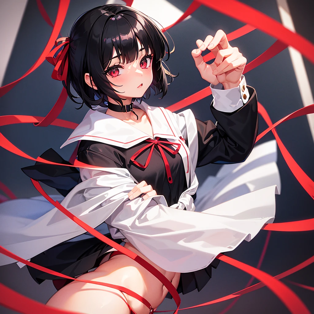 Young girl with short black hair dressed in a schoolgirl outfit with a red ribbon around her neck