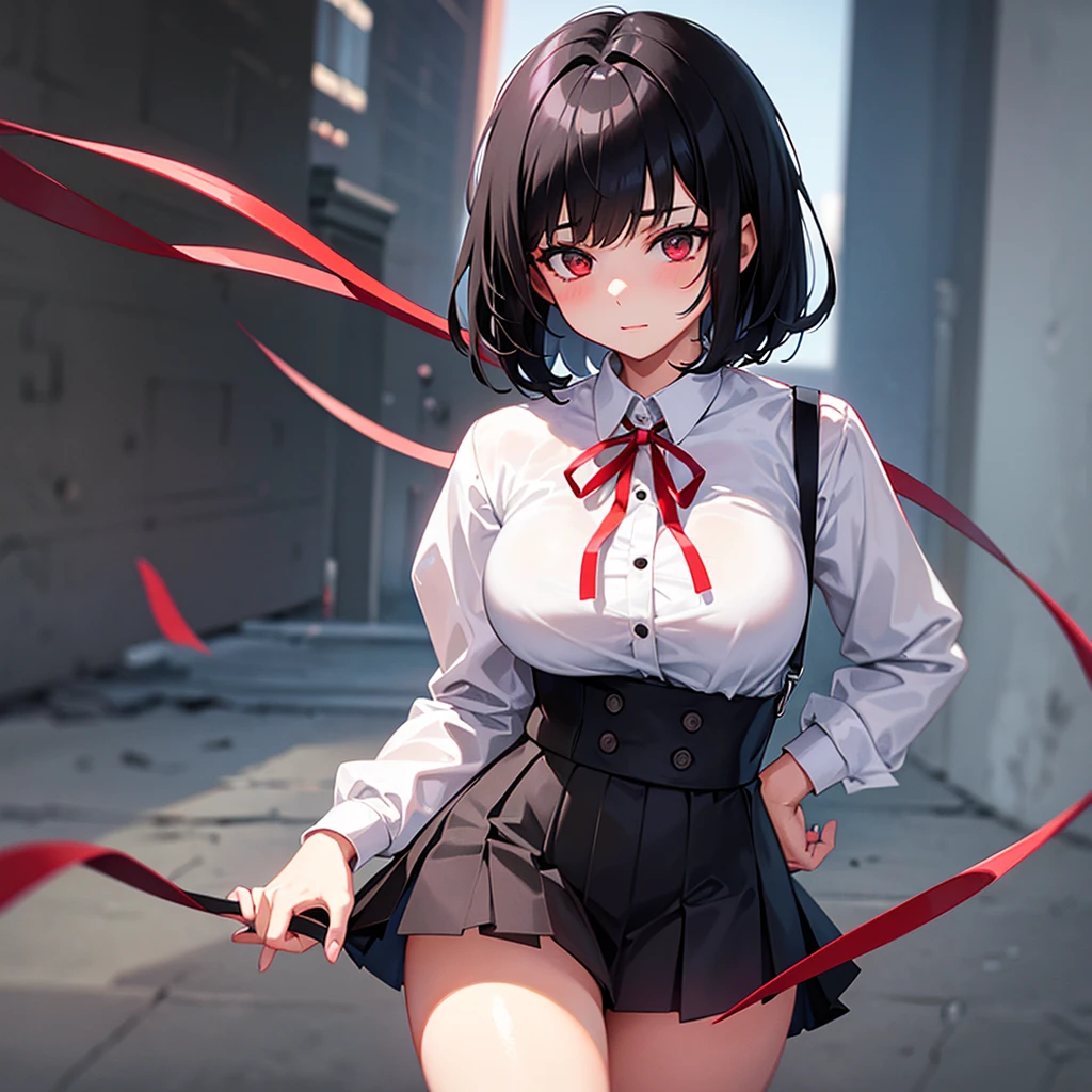 Young girl with short black hair dressed in a schoolgirl outfit with a red ribbon around her neck