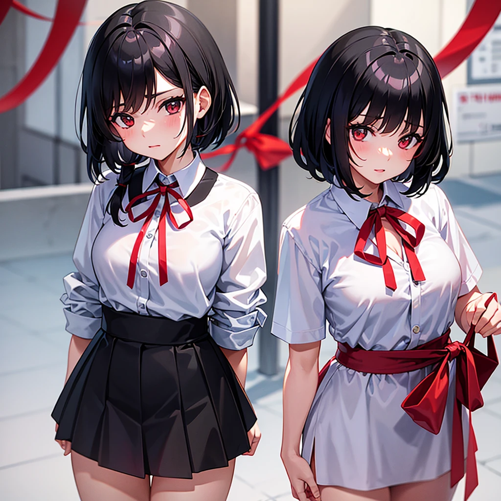 Young girl with short black hair dressed in a schoolgirl outfit with a red ribbon around her neck